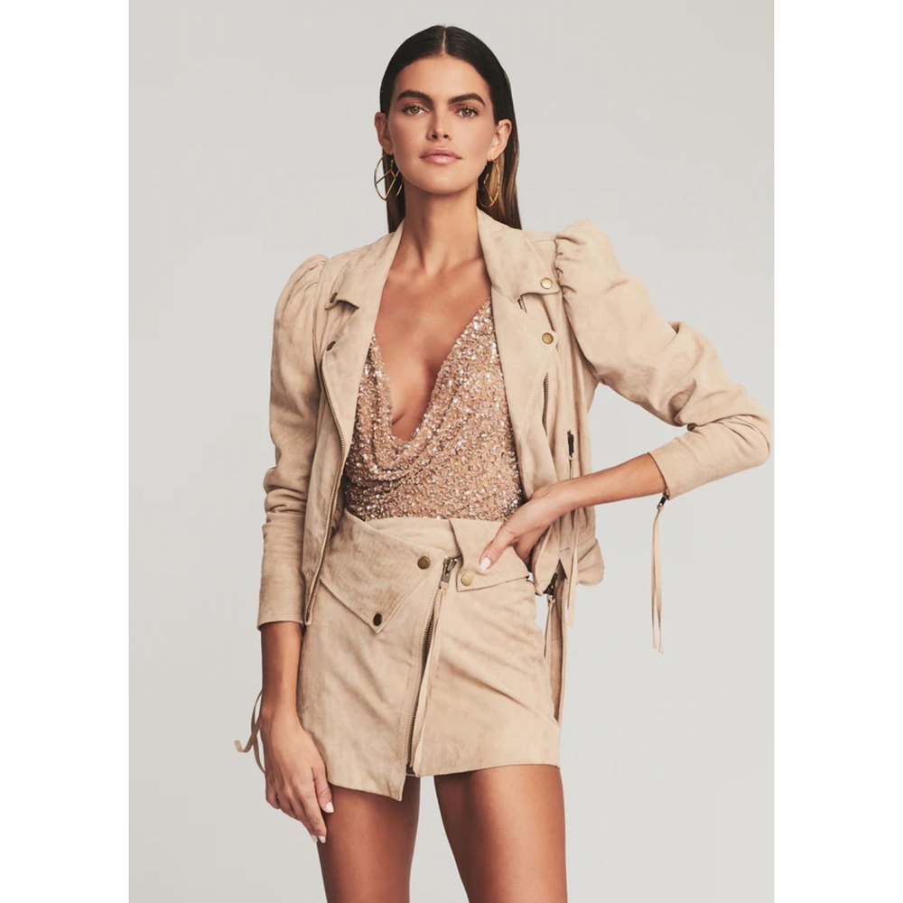 Women's Retrofête Tai Beige Suede Biker Jacket with Puffed Sleeves